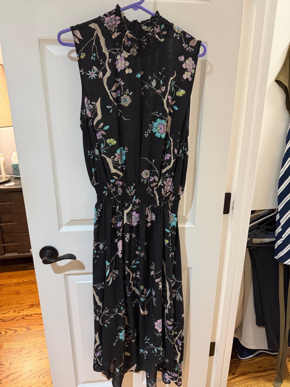 Black Floral Sleeveless Midi Dress with Smocked Waist